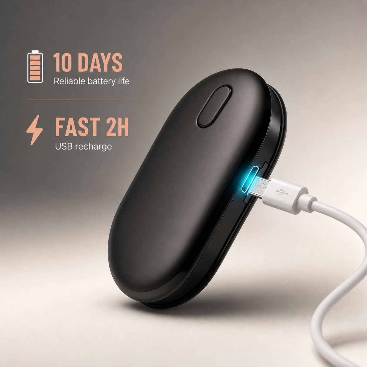 PosturaPulse posture corrector module being charged via USB cable showing 10-day battery life and 2-hour fast charge