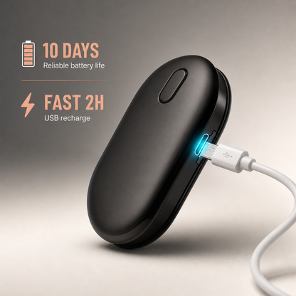 PosturaPulse posture corrector module being charged via USB cable showing 10-day battery life and 2-hour fast charge
