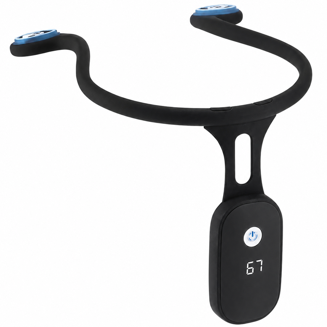 PosturaPulse posture corrector showing black silicone neck brace design with LCD screen displaying angle reading and blue sensor pads