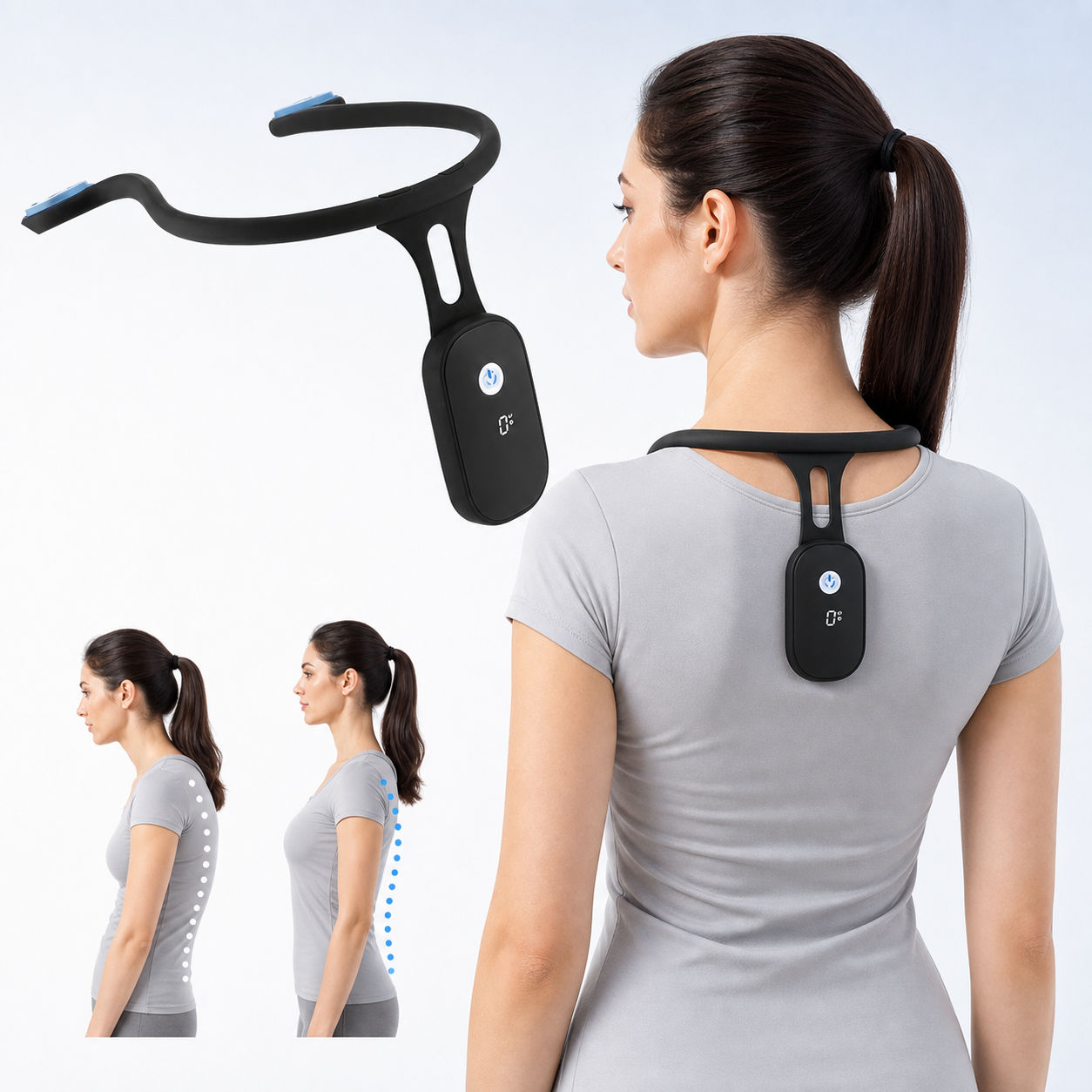 Woman wearing PosturaPulse posture corrector on upper back with before and after comparison showing improved spinal alignment