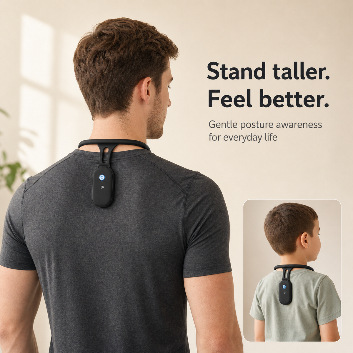 Adult man and child wearing PosturaPulse smart posture corrector on upper back with text Stand taller Feel better