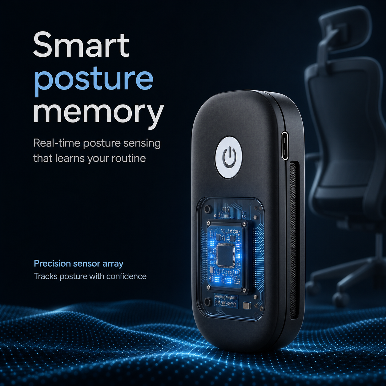 A black smart posture memory device with a transparent back panel showing a blue circuit board, standing on a dark blue digital wave background with an office chair silhouette. Text on the left reads 'Smart posture memory' and 'Precision sensor array Tracks posture with confidence'.