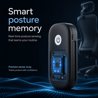 A black smart posture memory device with a transparent back panel showing a blue circuit board, standing on a dark blue digital wave background with an office chair silhouette. Text on the left reads 'Smart posture memory' and 'Precision sensor array Tracks posture with confidence'.