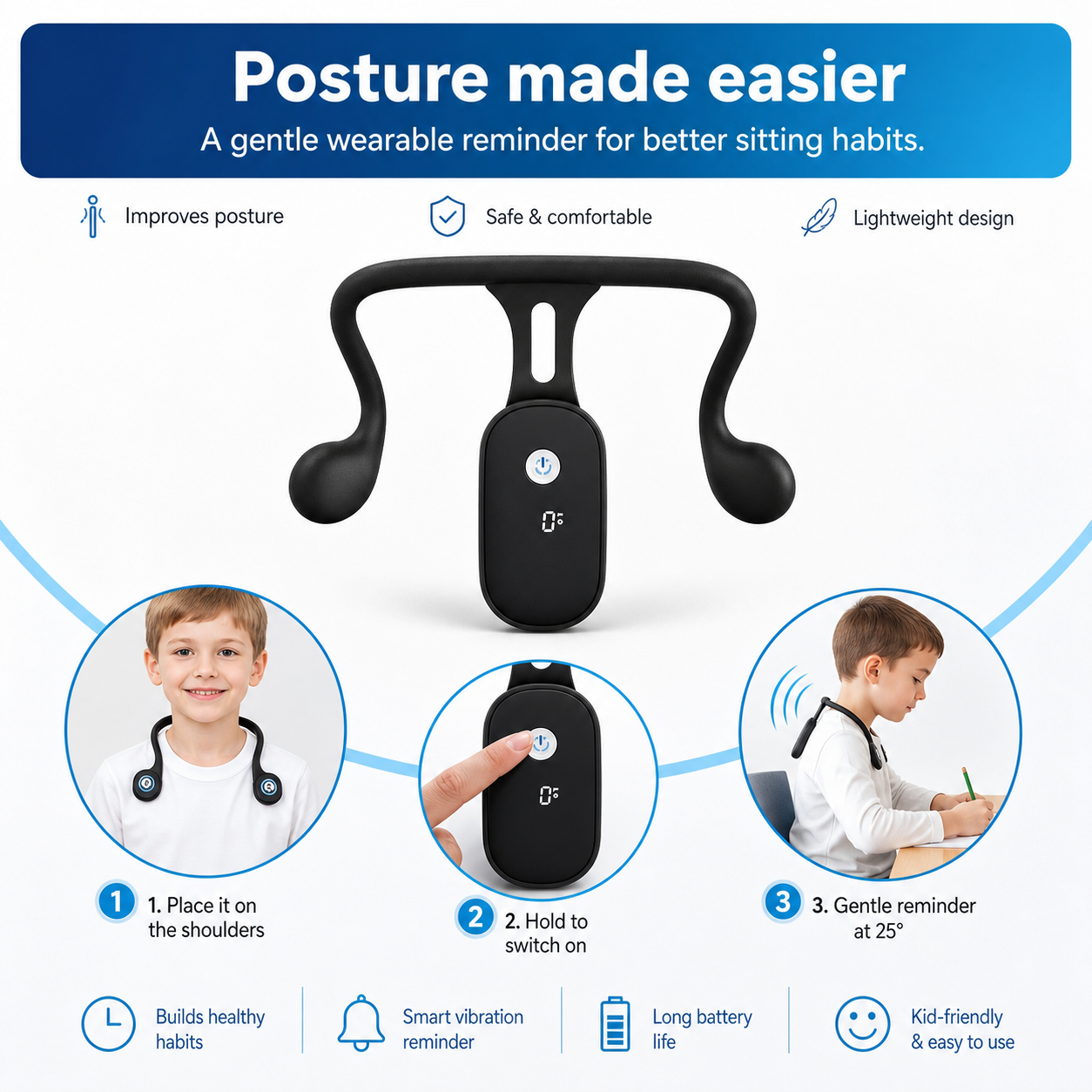 PosturaPulse posture corrector infographic showing 3-step setup for kids place on shoulders switch on and receive gentle vibration reminder at 25 degrees